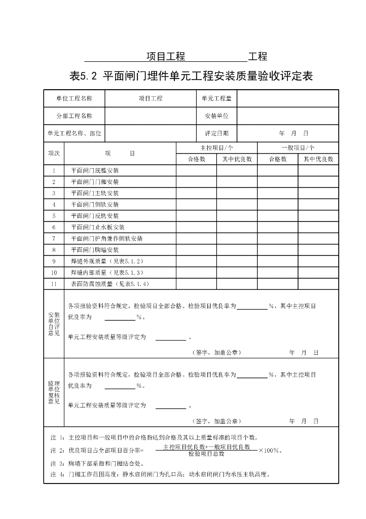 水利平面闸门埋件安装质量验收评定表18P