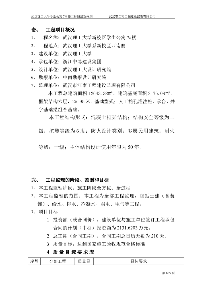 六层混凝土框架结构学生公寓监理规划