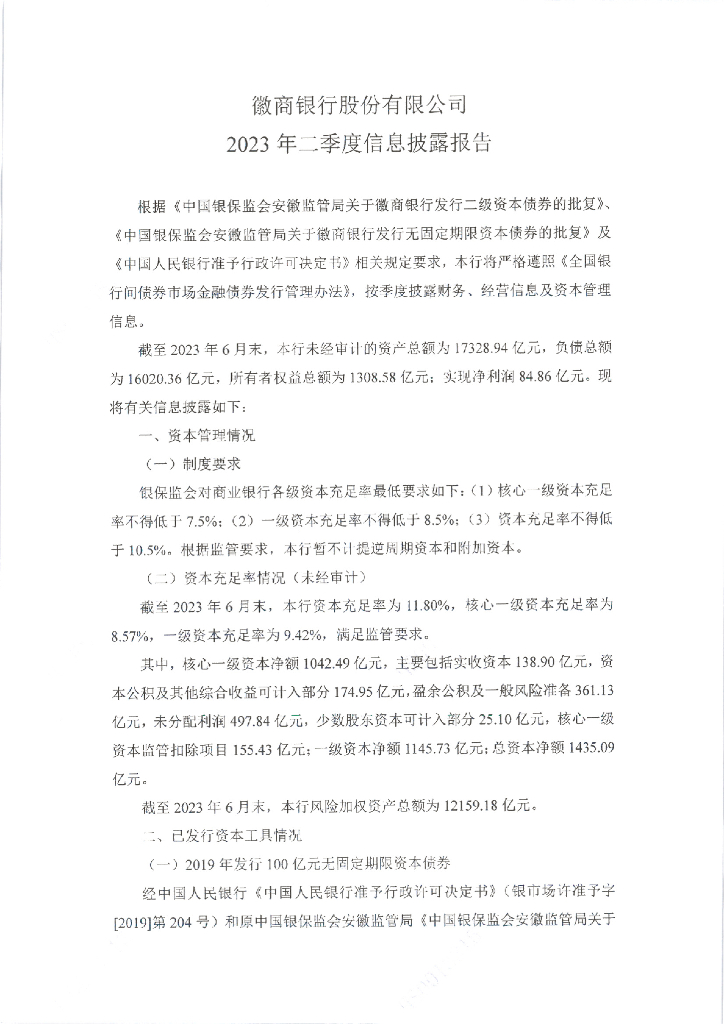 徽商银行股份有限公司2023年二季度信息披露报告