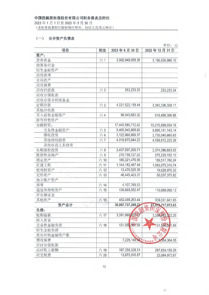 中国投融资担保股份有限公司2023年半年度财务报表及附注