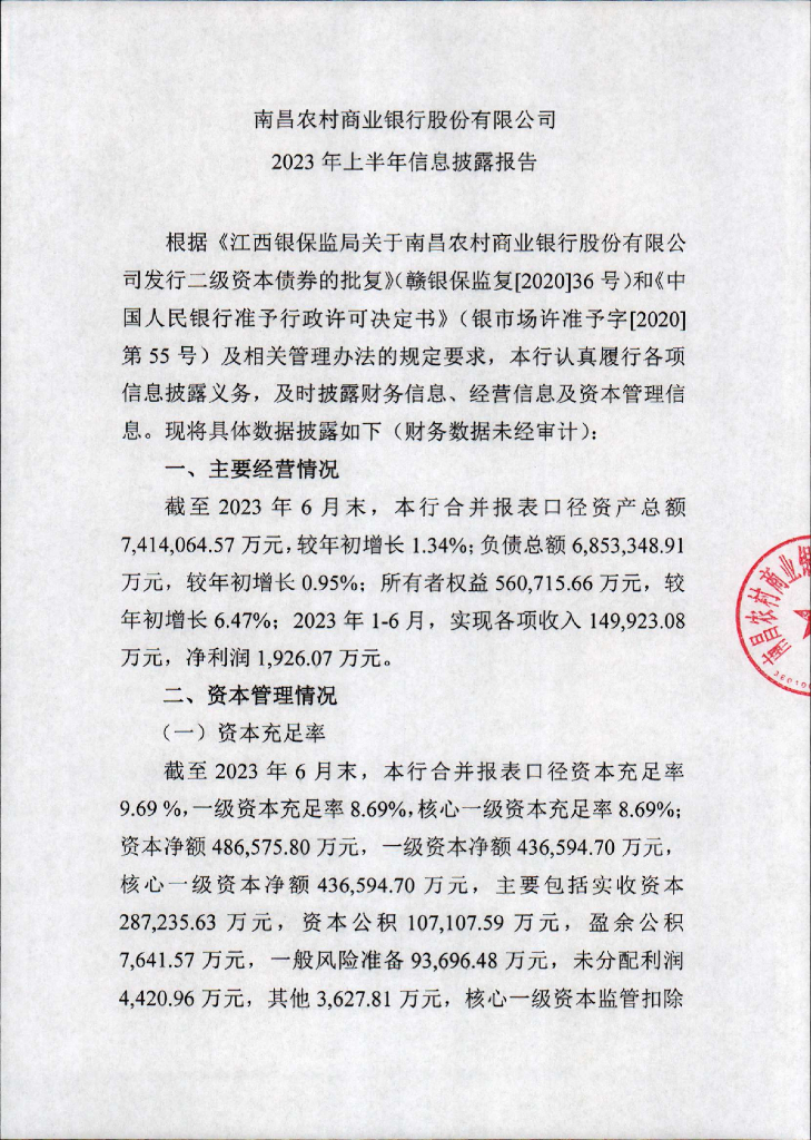 南昌农村商业银行股份有限公司2023年上半年信息披露报告