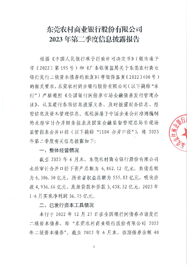 东莞农村商业银行股份有限公司2023年第二季度信息披露报告