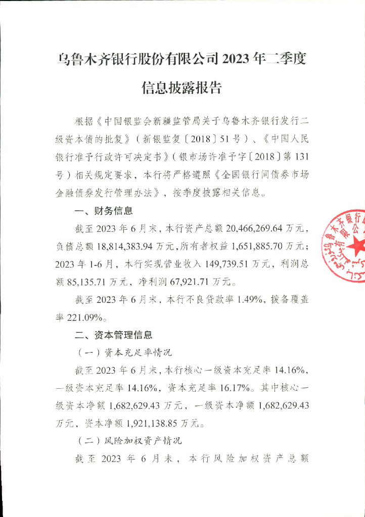 乌鲁木齐银行股份有限公司2023年二季度信息披露报告