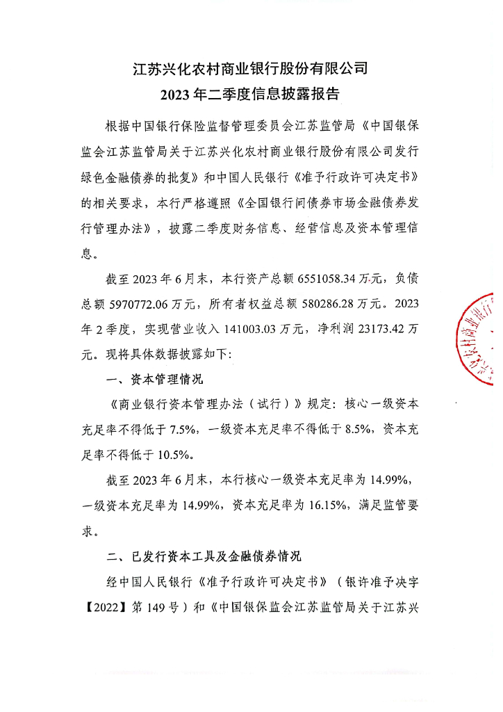 江苏兴化农村商业银行股份有限公司2023年二季度信息披露报告