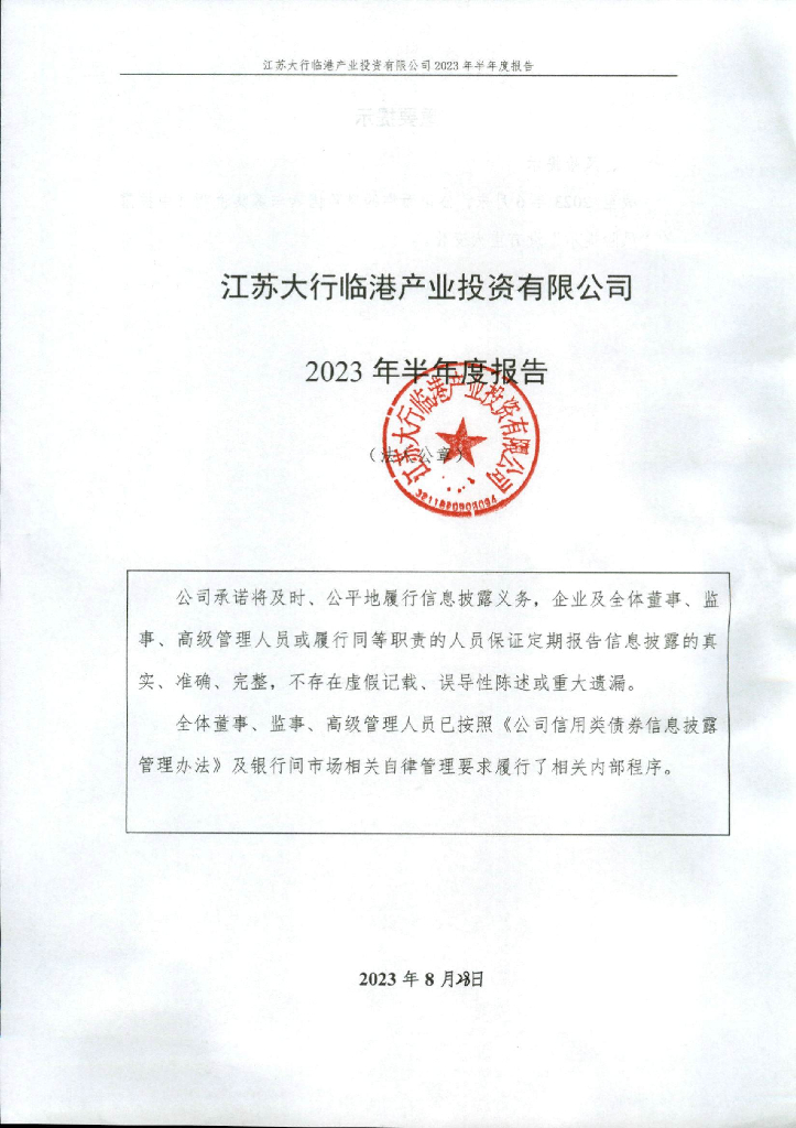 江苏大行临港产业投资有限公司2023年半年度报告