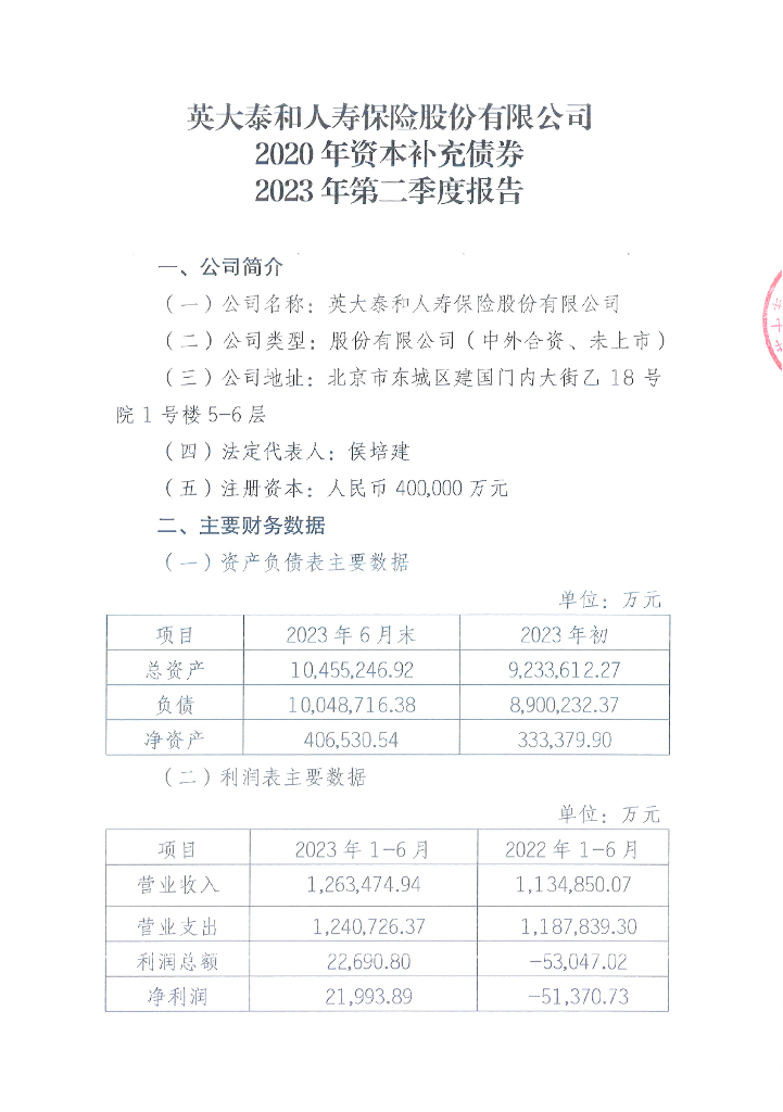 英大泰和人寿保险股份有限公司2020年资本补充债2023年第二季度报告