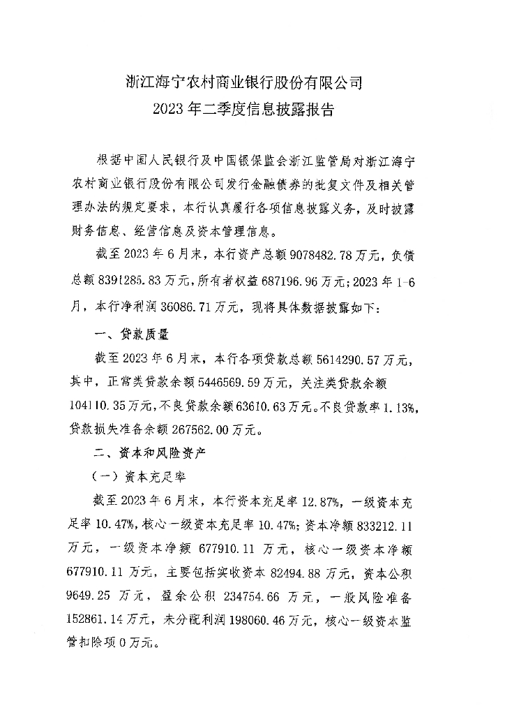 浙江海宁农村商业银行股份有限公司2023年二季度信息披露报告