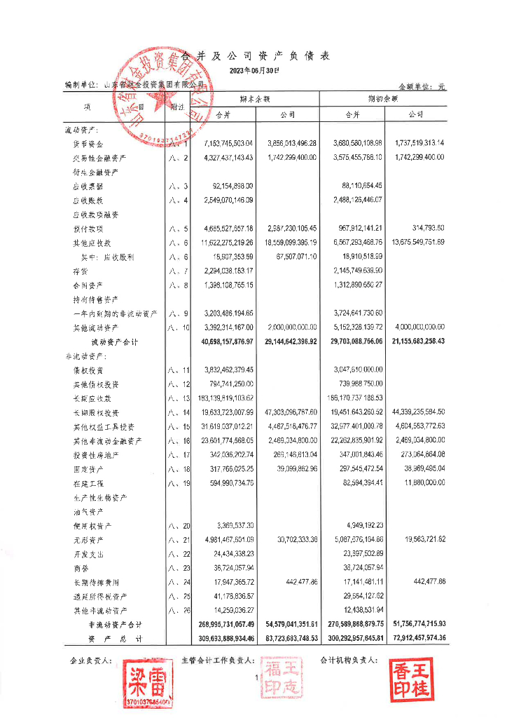 山东省财金投资集团有限公司2023年半年度财务报表及附注