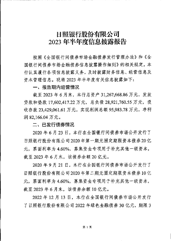 日照银行股份有限公司2023年半年度信息披露报告