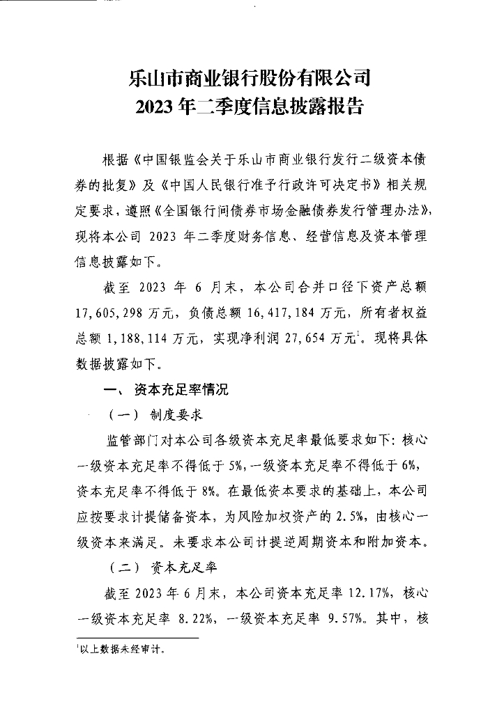 乐山市商业银行股份有限公司2023年二季度信息披露报告