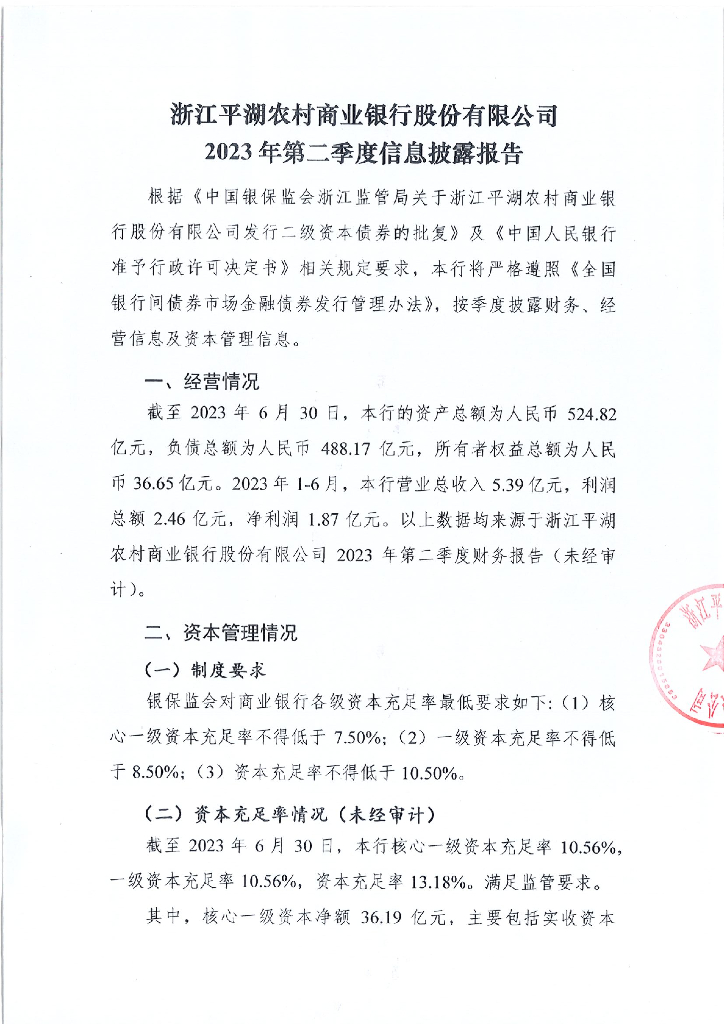 浙江平湖农村商业银行股份有限公司2023年第二季度信息披露报告