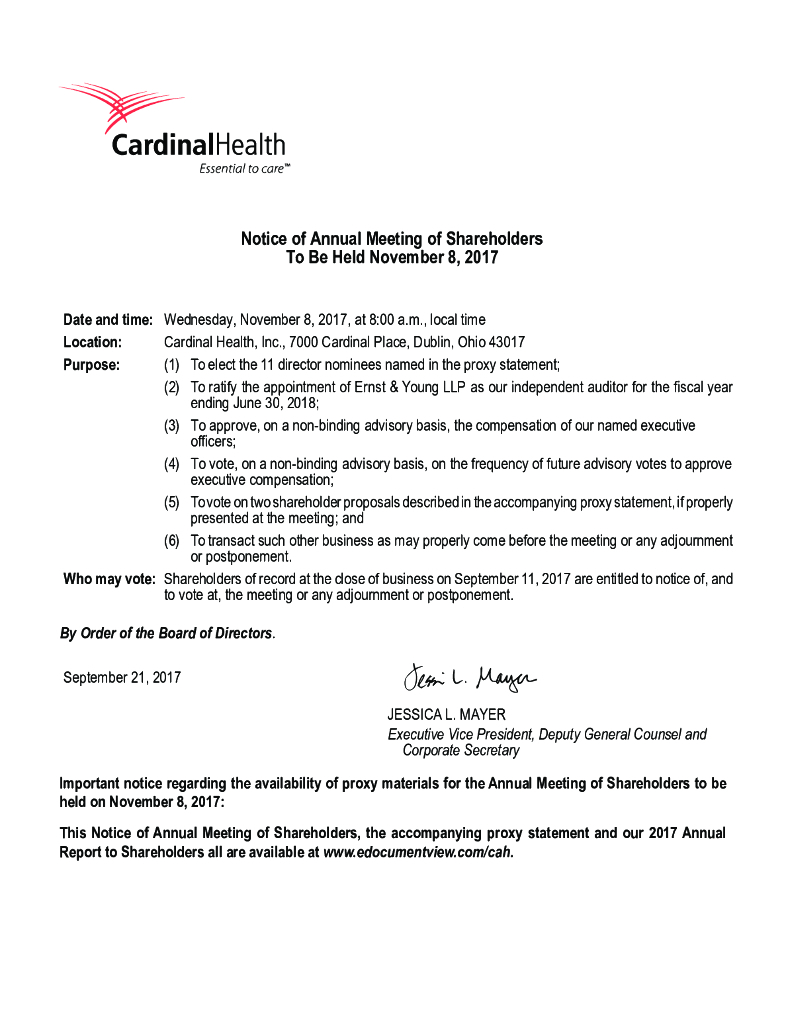 嘉德诺（CARDINAL HEALTH）：2017年度委托书-年度股东大会通知（英文版）