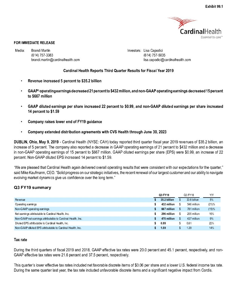 嘉德诺（CARDINAL HEALTH）：2019年第三季度业绩报告（英文版）