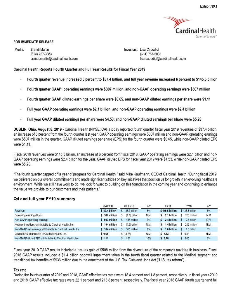 嘉德诺（CARDINAL HEALTH）：2019年第四季度及全年业绩报告（英文版）