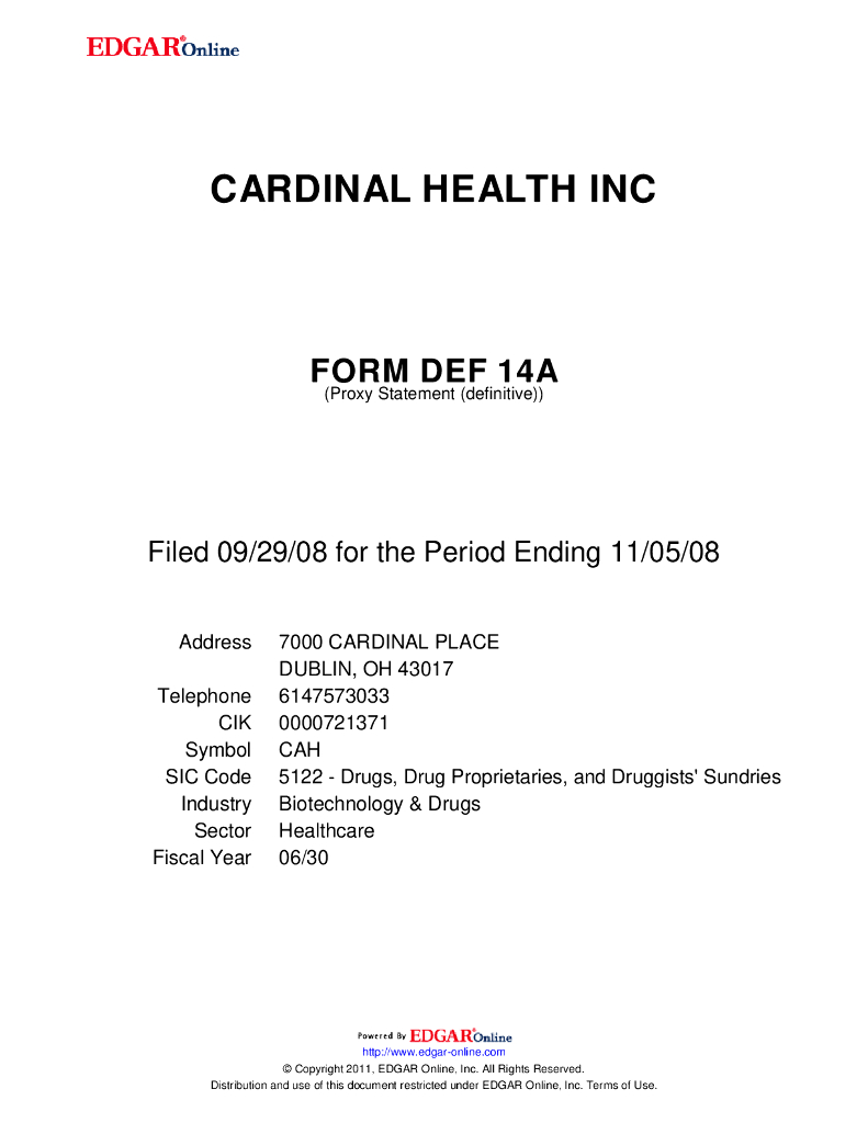 嘉德诺（CARDINAL HEALTH）：2008年度委托书-年度股东大会通知（英文版）