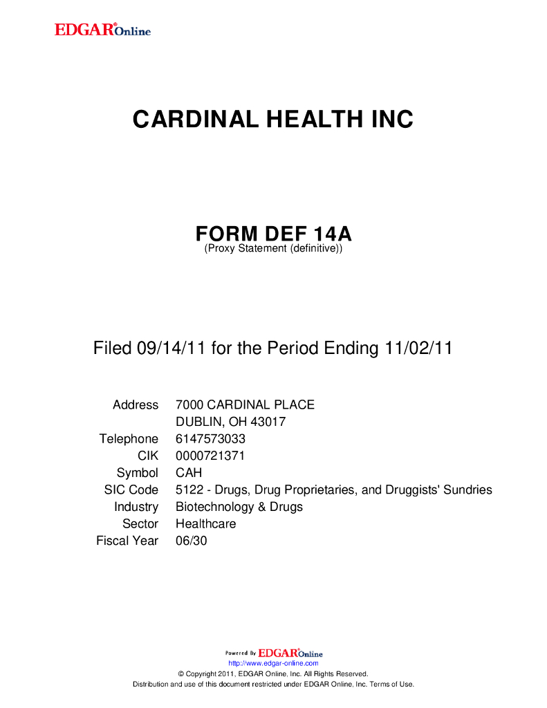 嘉德诺（CARDINAL HEALTH）：2011年度委托书-年度股东大会通知（英文版）