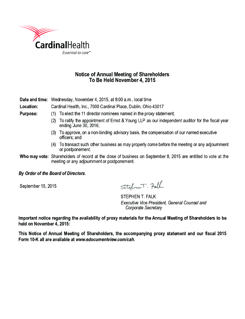 嘉德诺（CARDINAL HEALTH）：2015年度委托书-年度股东大会通知（英文版）