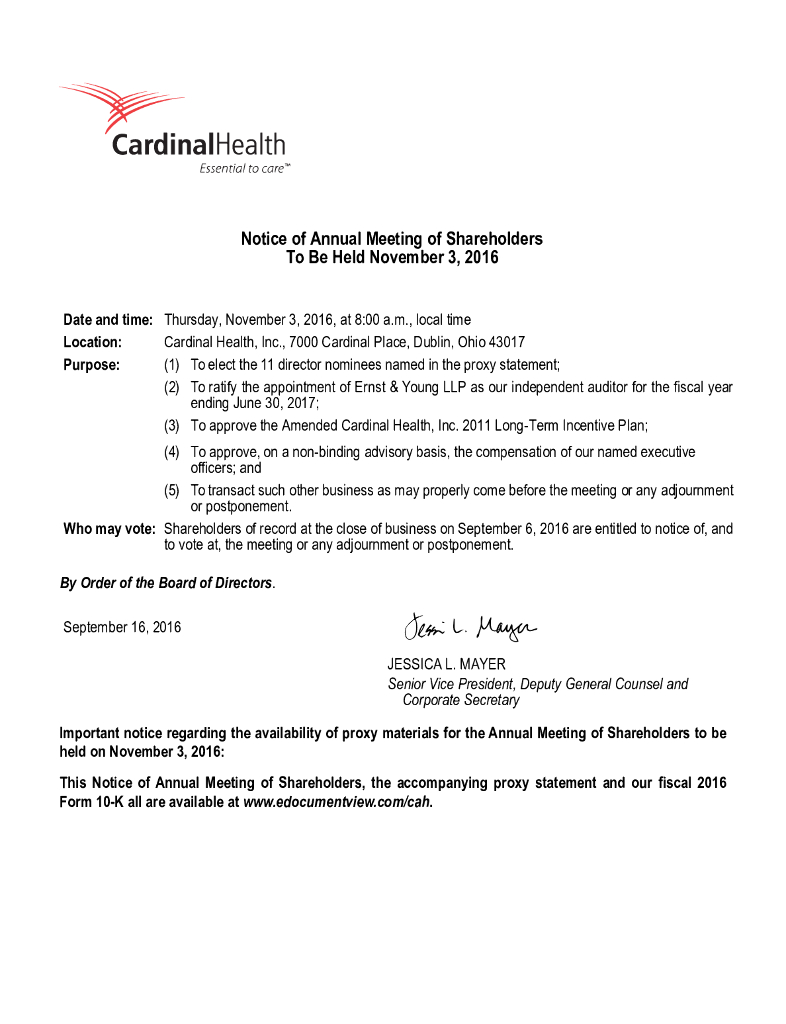 嘉德诺（CARDINAL HEALTH）：2016年度委托书-年度股东大会通知（英文版） - 副本
