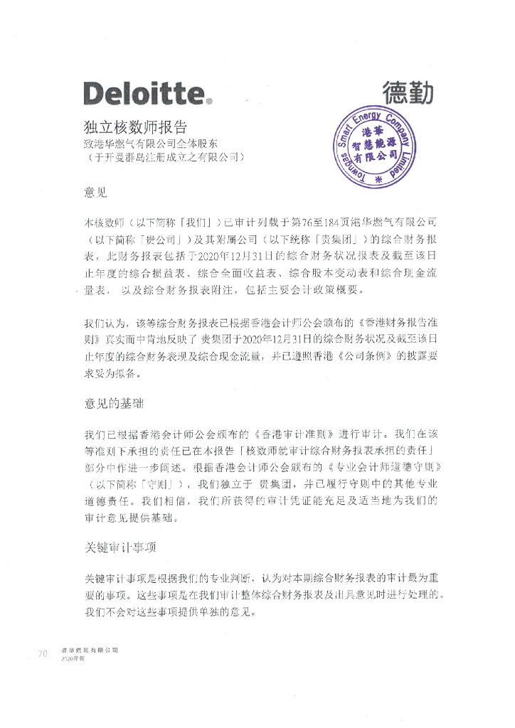 港华智慧能源有限公司截至2020年12月31日止年度的经审计合并财务报告(中文版)