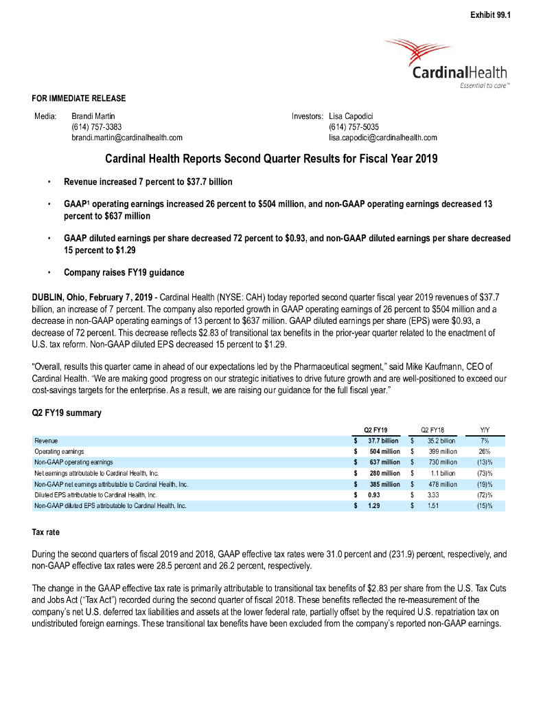 嘉德诺（CARDINAL HEALTH）：2019年第二季度业绩报告（英文版）