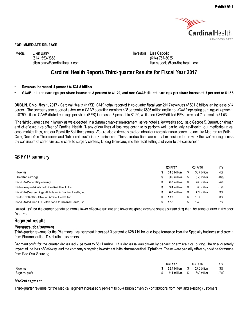 嘉德诺（CARDINAL HEALTH）：2017年第三季度业绩报告（英文版）