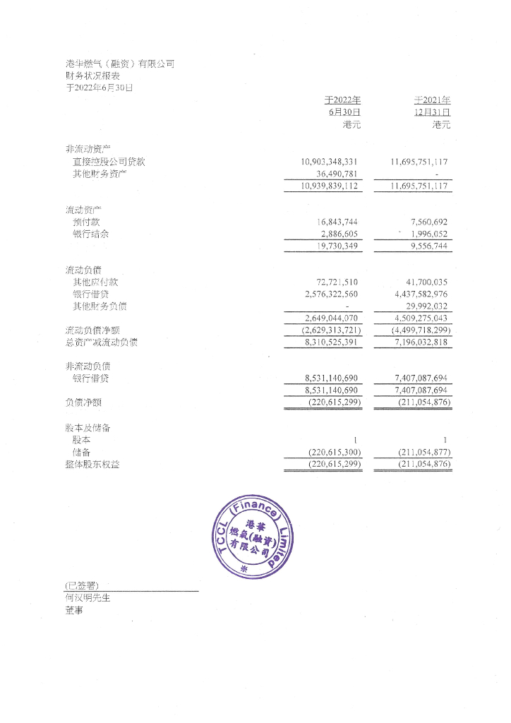 港华燃气(融资)有限公司截至2022年6月30日止六个月的未经审计中期财务报表(中文版)