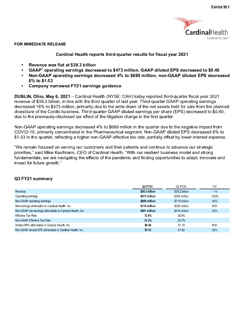 嘉德诺（CARDINAL HEALTH）：2021年第三季度业绩报告（英文版）