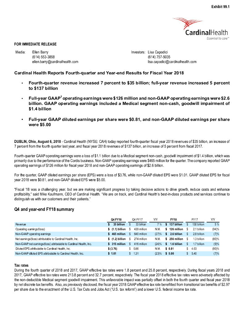 嘉德诺（CARDINAL HEALTH）：2018年第四季度及全年业绩报告（英文版）