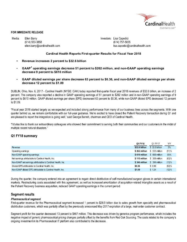 嘉德诺（CARDINAL HEALTH）：2018年第一季度业绩报告（英文版）