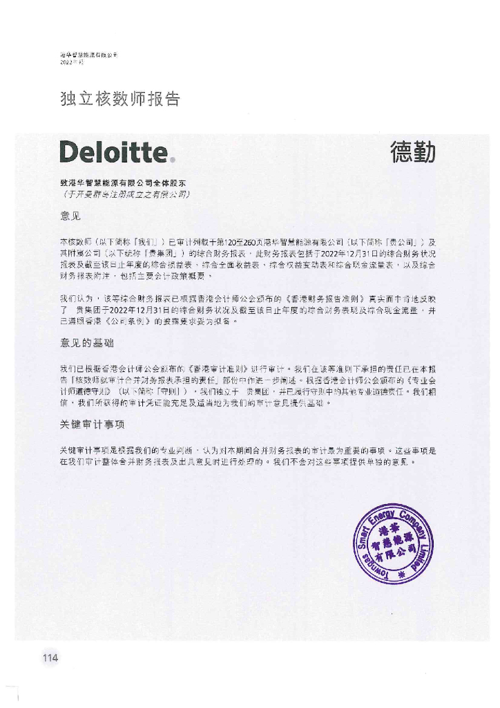港华智慧能源有限公司截至2022年12月31日止年度的经审计合并财务报告(中文版)