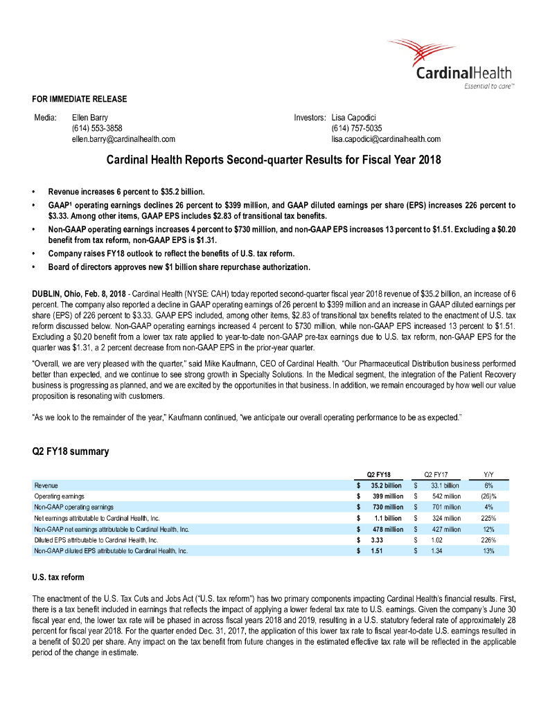 嘉德诺（CARDINAL HEALTH）：2018年第二季度业绩报告（英文版）
