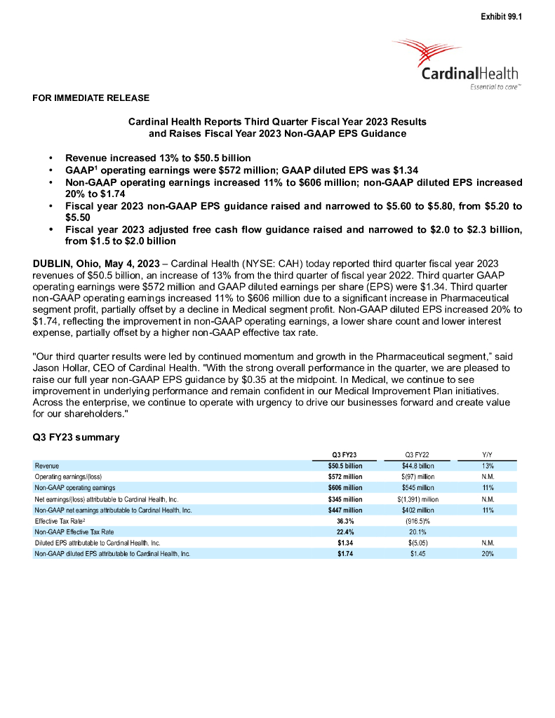 嘉德诺（CARDINAL HEALTH）：2023年第三季度业绩报告（英文版）