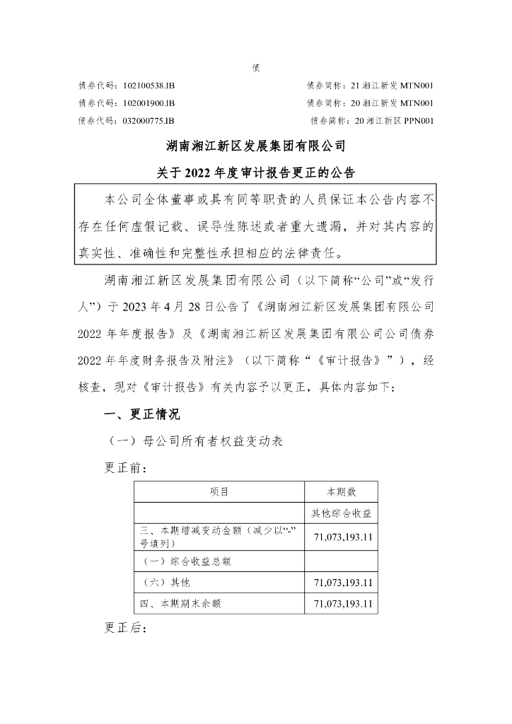 湖南湘江新区发展集团有限公司关于2022年度审计报告更正的公告及更正后的文件