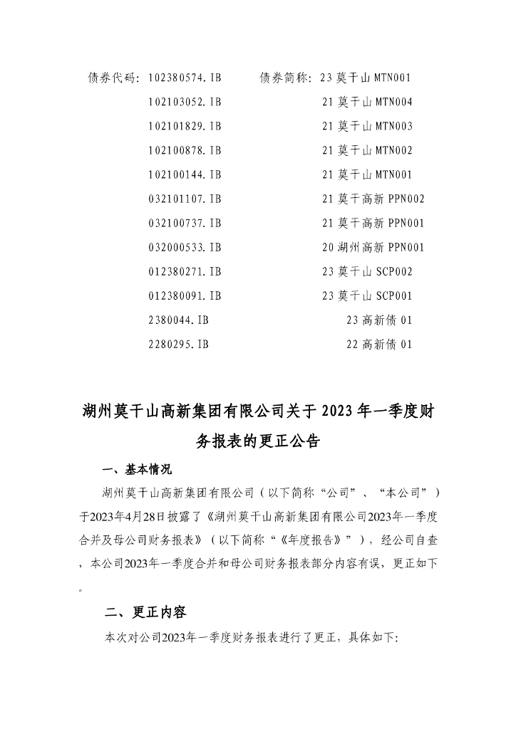湖州莫干山高新集团有限公司关于2023年一季度财务报表的更正公告及更正后文件