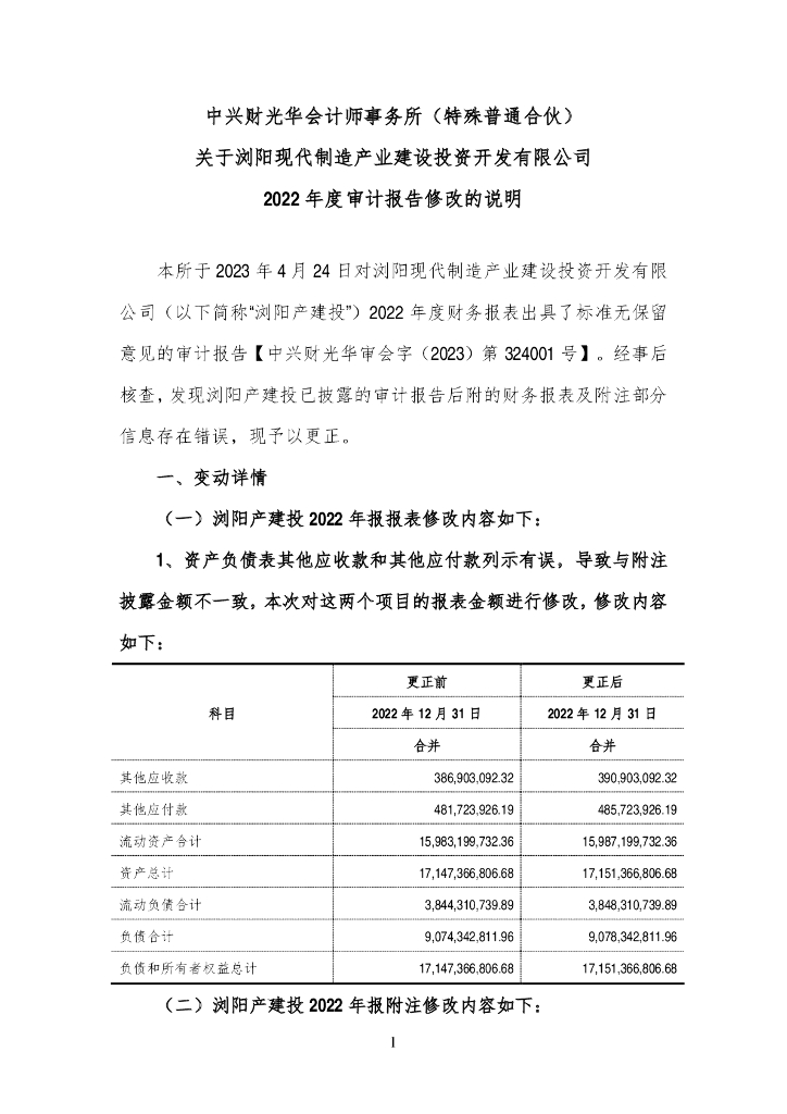 中兴财光华会计师事务所(特殊普通合伙)关于浏阳现代制造产业建设投资开发有限公司2022年度审计报告修改的说明