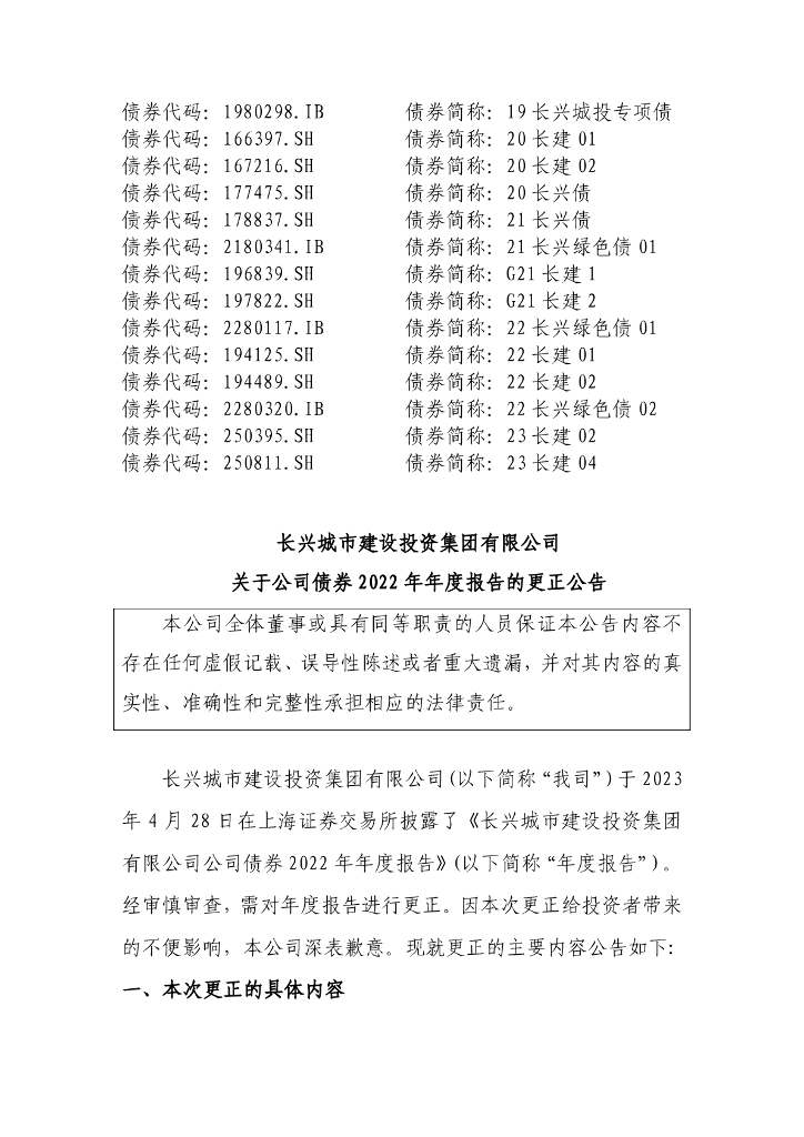 长兴城市建设投资集团有限公司关于公司债券2022年年度报告的更正公告