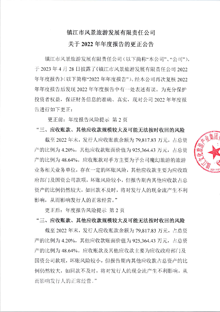 镇江市风景旅游发展有限责任公司2022年年度报告的更正公告及更正后的年度报告