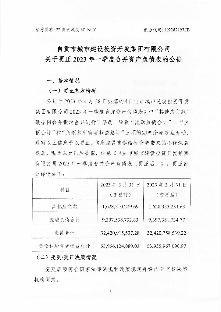 自贡市城市建设投资开发集团有限公司关于更正2023年一季度合并资产负债表的公告及更正后文件