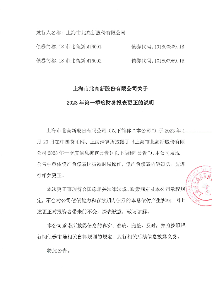 上海市北高新股份有限公司关于2023年一季度财务报表更正的说明及更正后文件