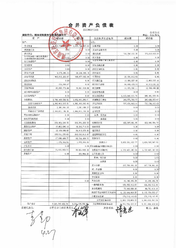 湖南省融资担保集团有限公司2023年一季度合并及母公司财务报表