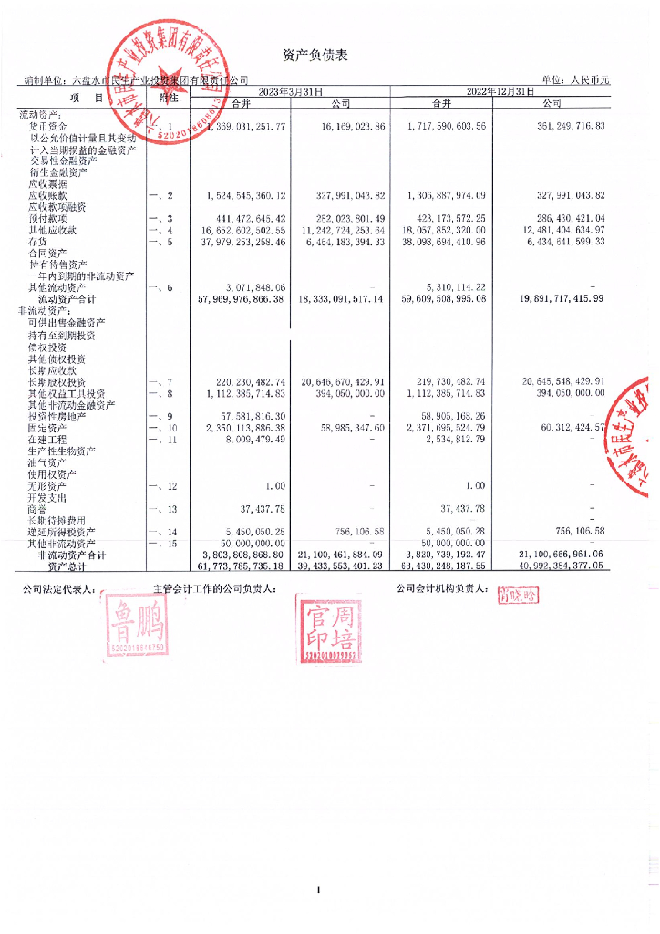 六盘水市民生产业投资集团有限责任公司2023年一季度财务报表