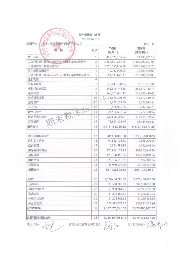 中合中小企业融资担保股份有限公司2023年一季度合并及母公司财务报表