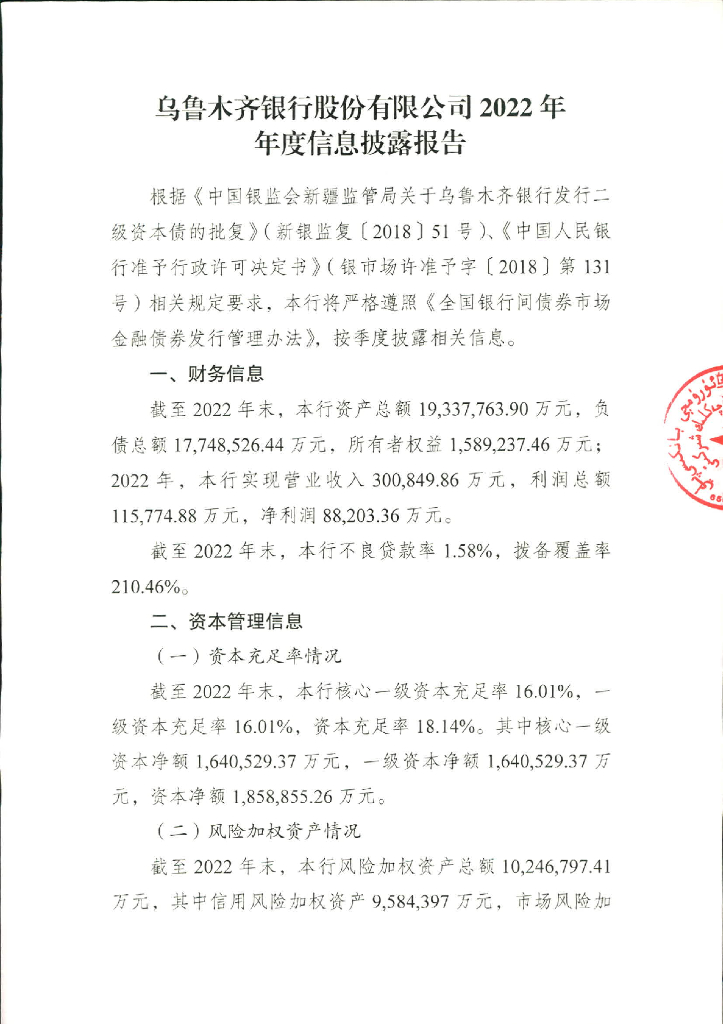 乌鲁木齐银行股份有限公司2022年年度报告