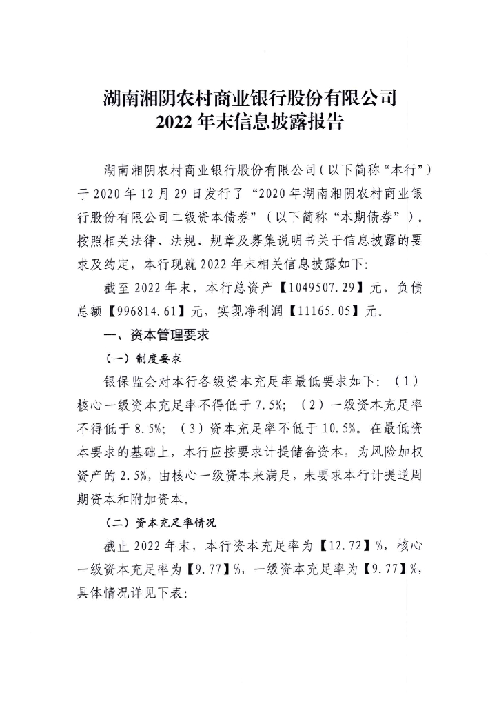湖南湘阴农村商业银行股份有限公司2022年末信息披露报告