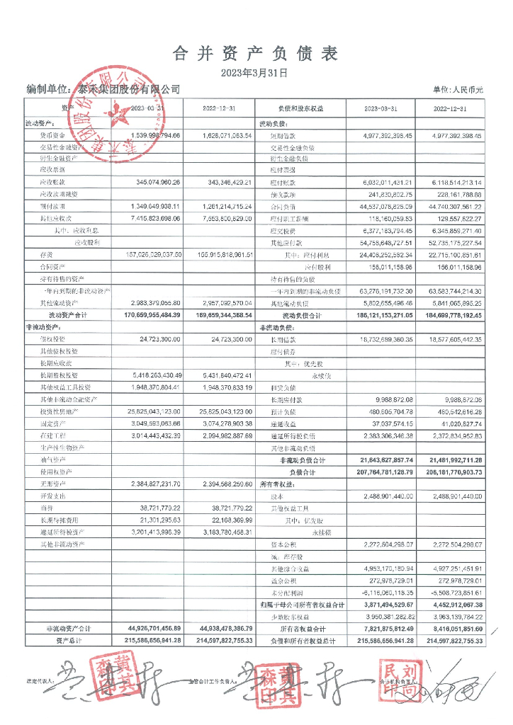 泰禾集团股份有限公司2023年第一季度合并及母公司财务报表