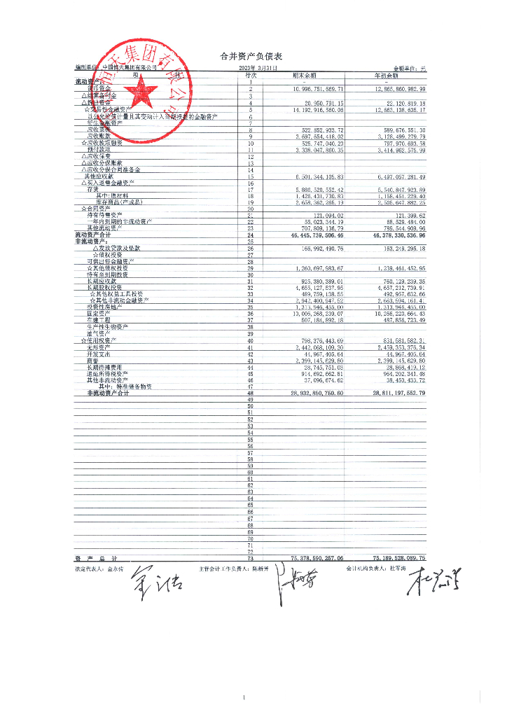 中国恒天集团有限公司2023年一季度合并及母公司财务报表