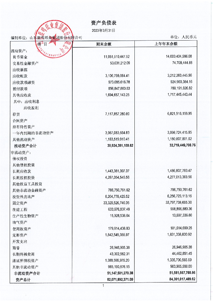 山东晨鸣纸业集团股份有限公司2023年一季度财务报表