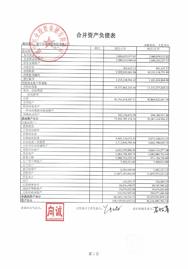 遂宁兴业投资集团有限公司2023年一季度合并及母公司财务报表