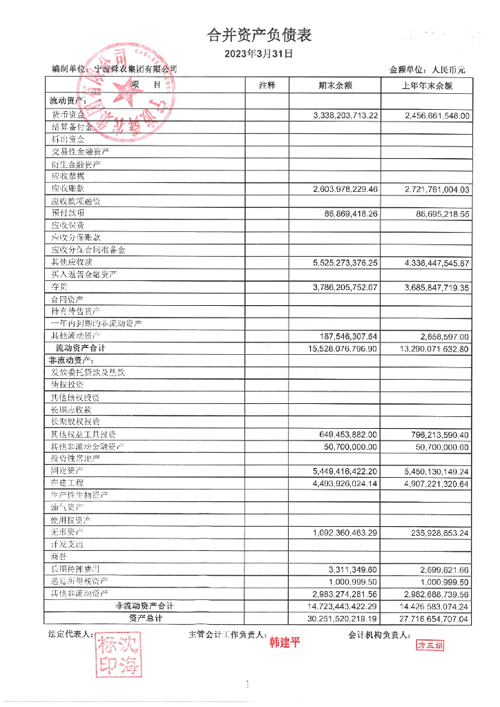 宁波舜农集团有限公司2023年第一季度合并及母公司财务报表