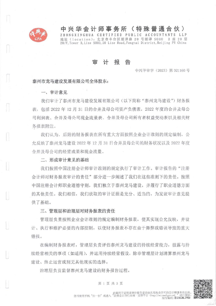 泰州市龙马建设发展有限公司公司债券2022年年度财务报告及附注